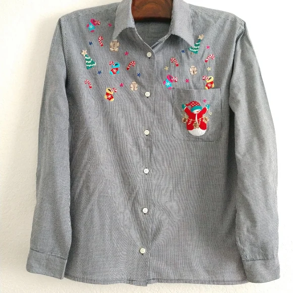 Karen Scott Embroidered Christmas Shirt Black White Gingham Check Snowman Large - Picture 1 of 8